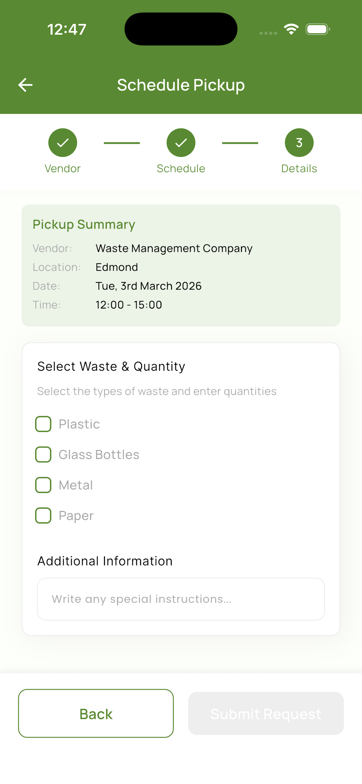 Schedule a pickup with waste details