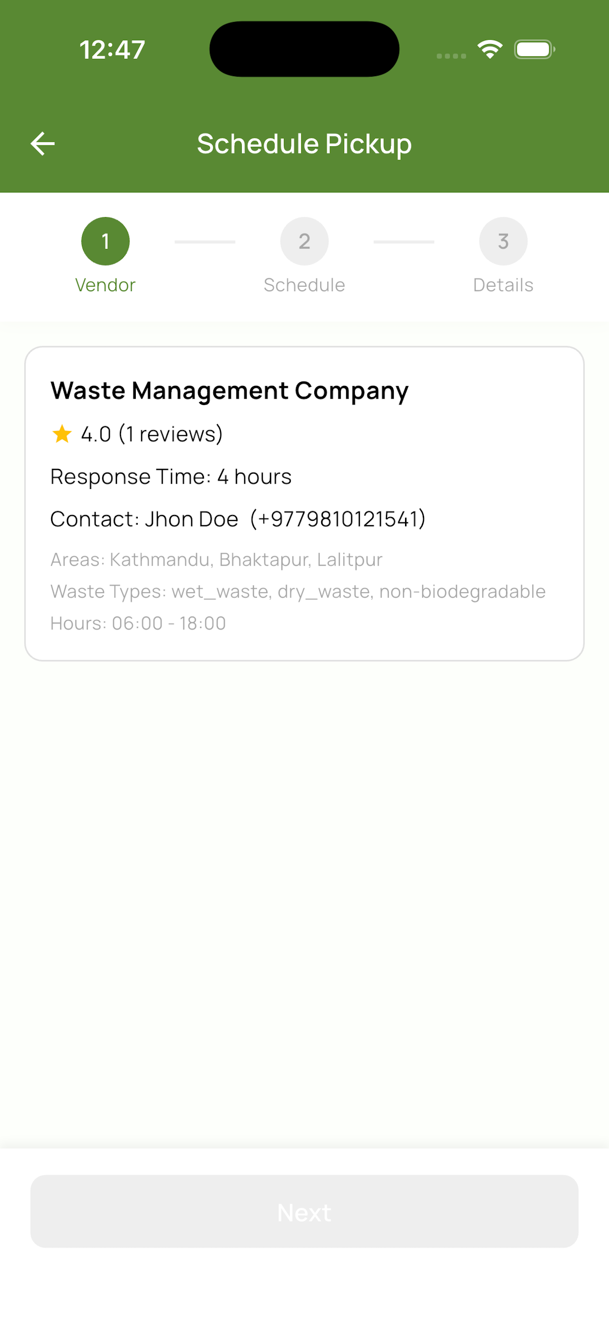 Select a waste collection vendor